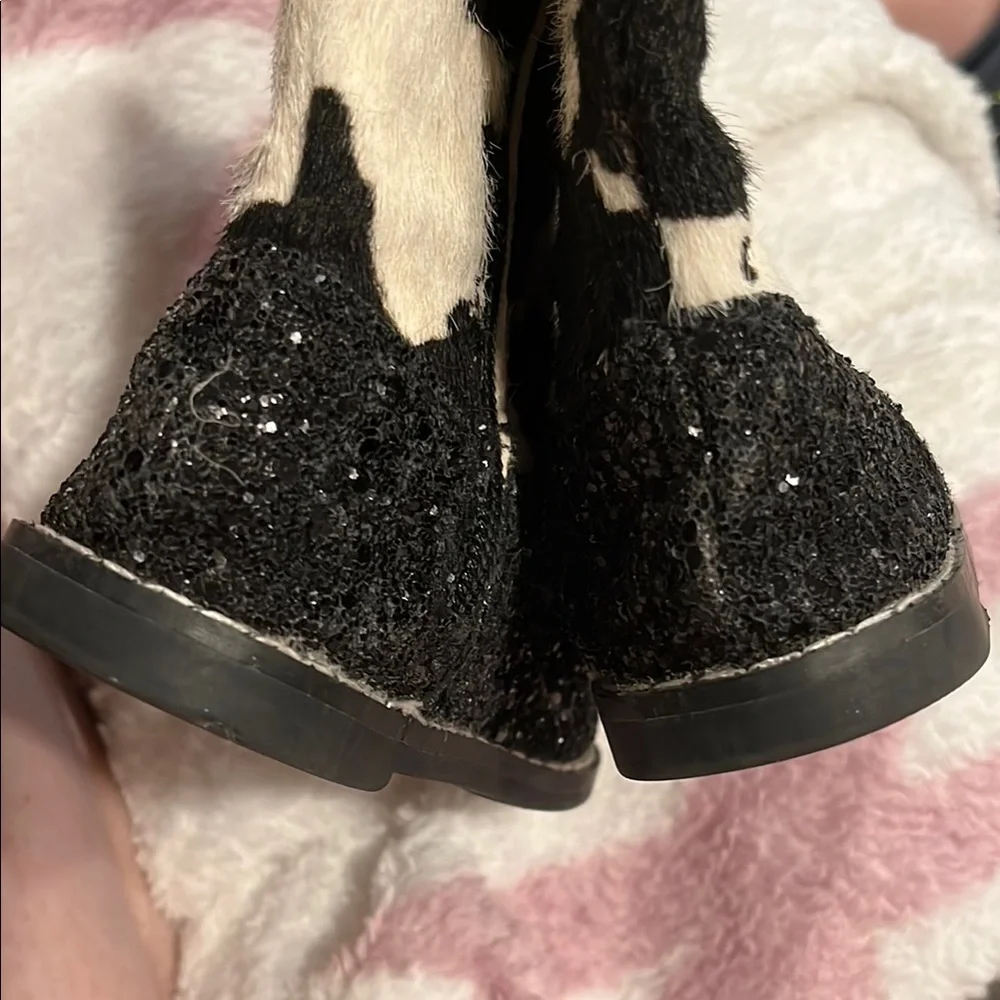 Kids Black & Cream Cow Print Glitter Boot